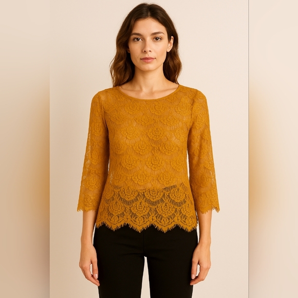 Lily White Tops - Lily White Mustard Yellow Lace Top Women’s Medium 3/4 Sleeve Scalloped Hem Boho